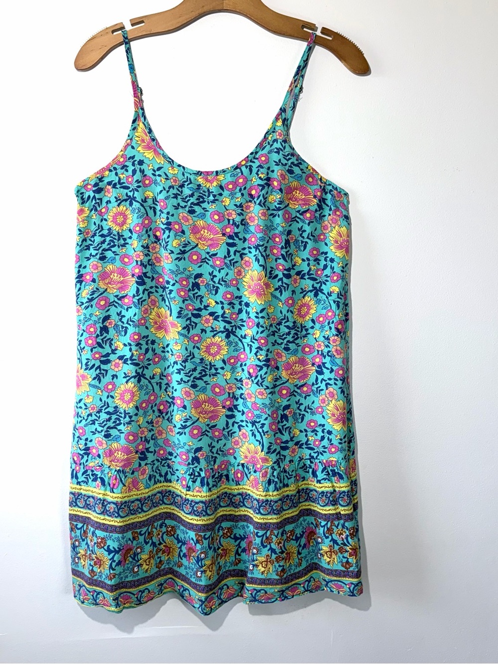 Qearal Turquoise Floral Spaghetti-Strap Boho Mini Dress Size M